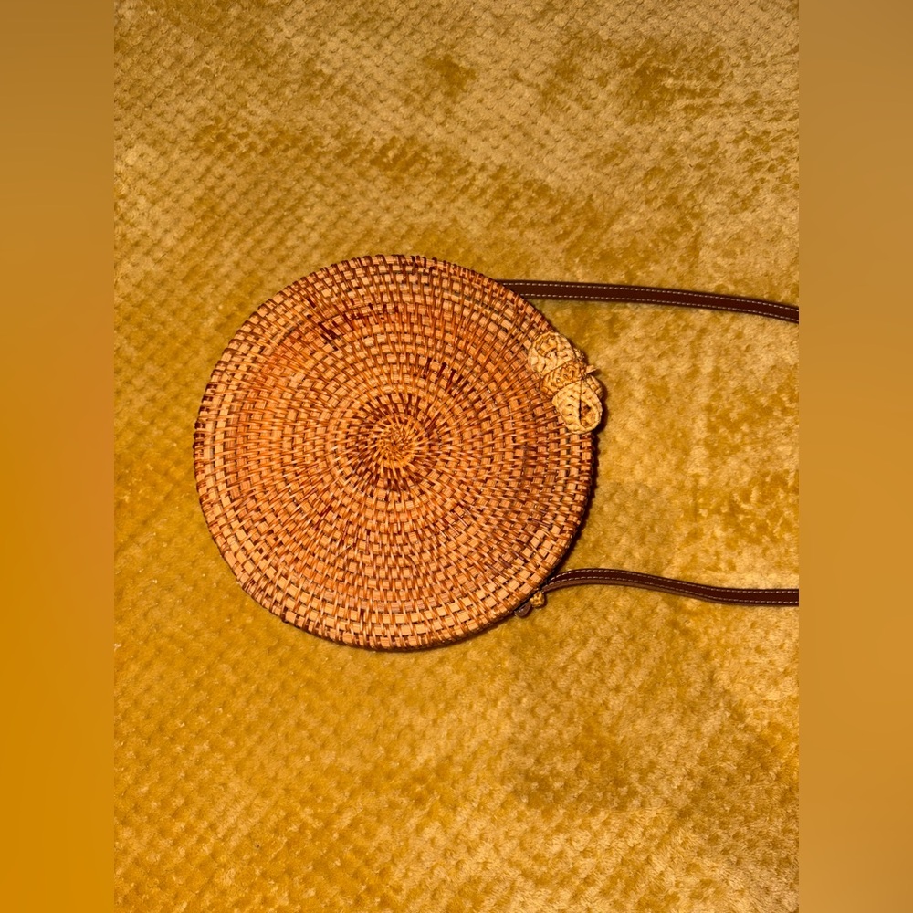Round Woven Tan Crossbody Bag